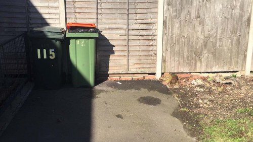 A pair of large, green wheelie bins with yellow numbering, located on a paved driveway adjacent to a wooden fence and a large wooden gate. The bins are positioned in a narrow space with one bin slightly in front of the other, both featuring closed lids, and the numbers 115 are visible on the front of each. The driveway surface is dark asphalt with some wet patches and shadows cast from nearby structures, indicating sunlight. To the right of the bins, the ground transitions to a small patch of bare earth with sparse vegetation and weeds, and a few bricks or stones are partially embedded in the soil. The wooden fencing and gate behind the bins are weathered, with vertical plank construction, contributing to a typical residential boundary setting, likely in Northolt or surrounding areas. This setup reflects typical rubbish collection points for domestic waste management services, such as those provided by Garden Clearance Northolt.